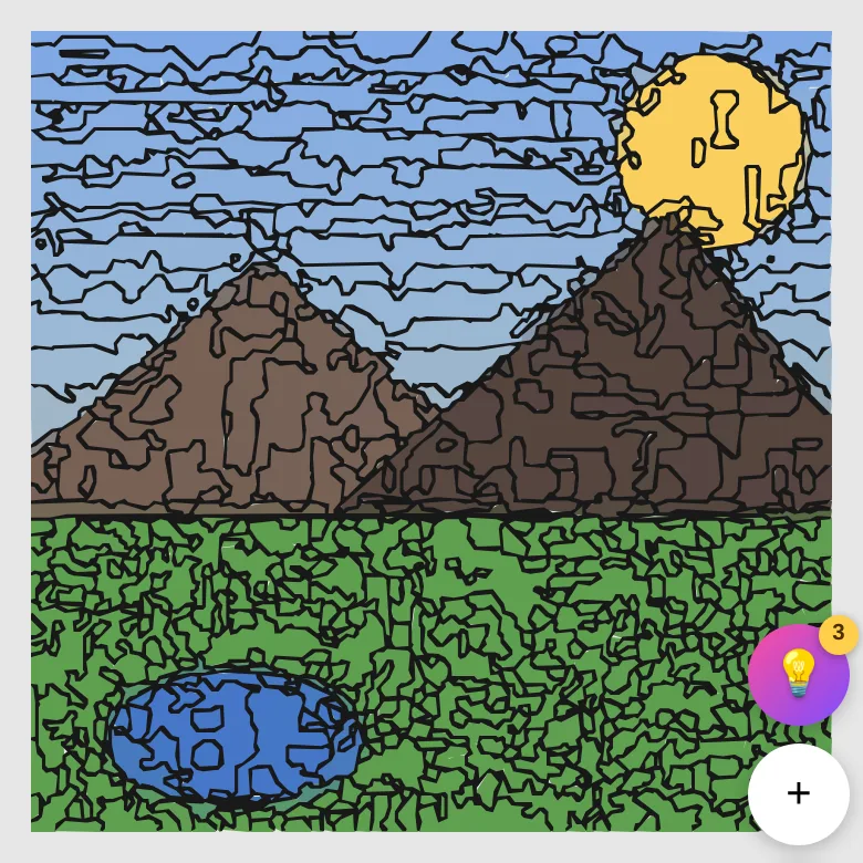 A finished paint-by-number picture in Color Memories, with a well-defined subject (mountains, sun and lake) and every color filled in