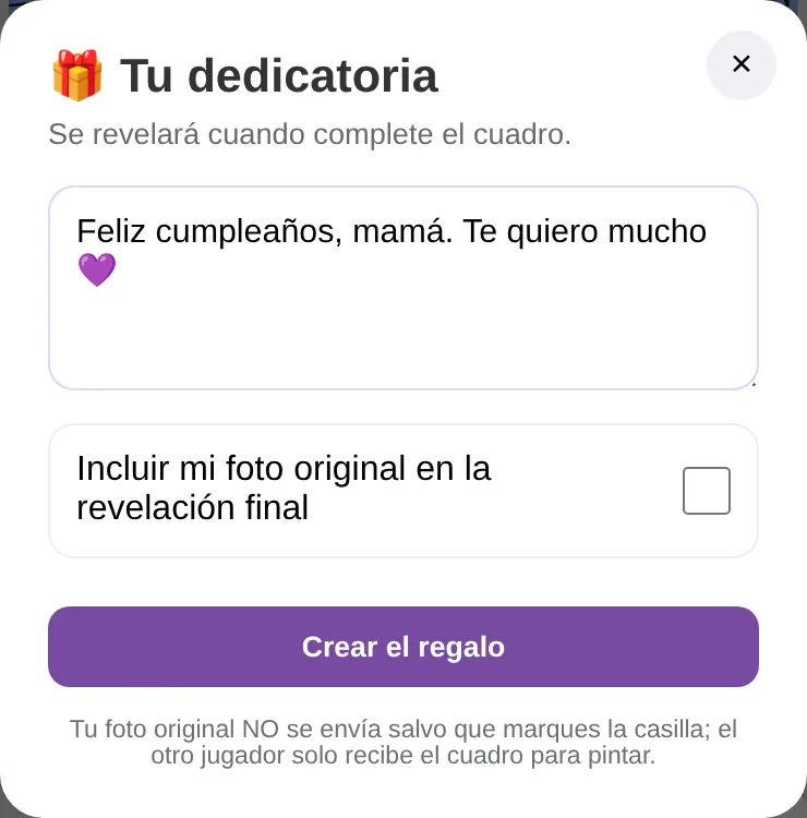 Pantalla de dedicatoria del modo regalo de Color Memories, donde se escribe un mensaje para acompañar el cuadro sorpresa